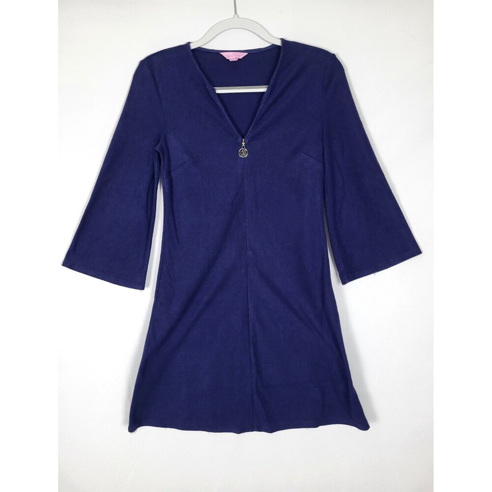 Lilly Pulitzer Terrycloth Swim Cover Up Dress Size XS V Neck 1/2 Zip Navy Blue